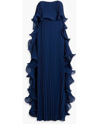 Badgley Mischka Strapless Ruffled Pleated Chiffon Gown - Blue