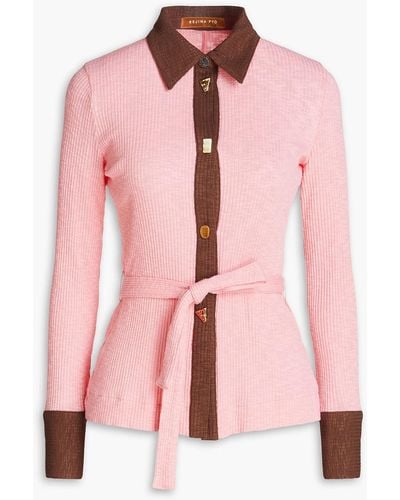 Rejina Pyo Belted Two-tone Ribbed Cotton-blend Cardigan - Pink