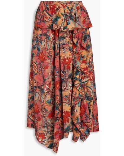 Ulla Johnson Ursa Ruffled Floral-print Silk Crepe De Chine Midi Skirt - Red
