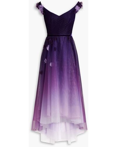 Marchesa Off-the-shoulder Appliquéd Dégradé Tulle Gown - Purple