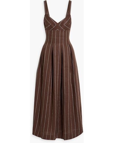 Nicholas Selene Pleated Striped Linen-blend Maxi Dress - Brown
