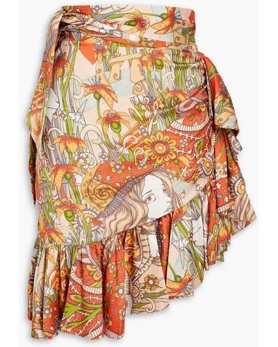 Zimmermann Ruffled Printed Silk-blend Jersey Skirt - Orange