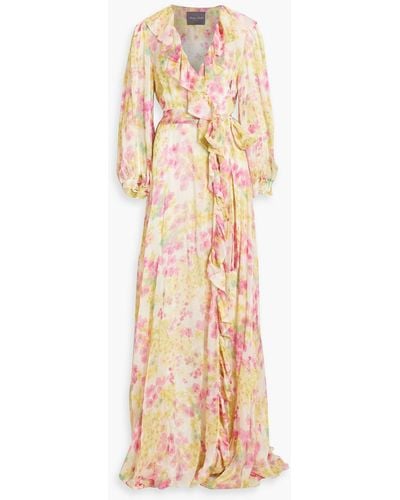 Monique Lhuillier Ruffled Floral-print Silk-blend Chiffon Gown - Pink