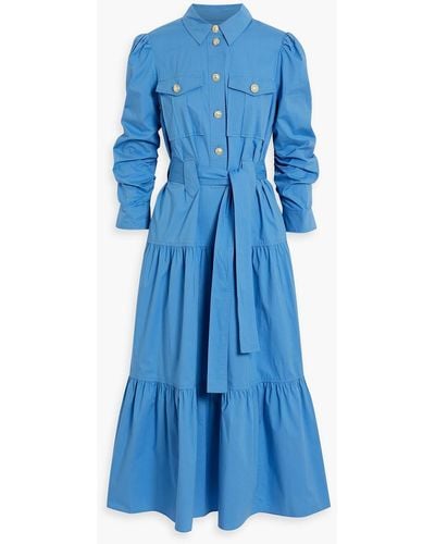 10 Crosby Derek Lam Belted Tiered Cotton-blend Poplin Midi Shirt Dress - Blue