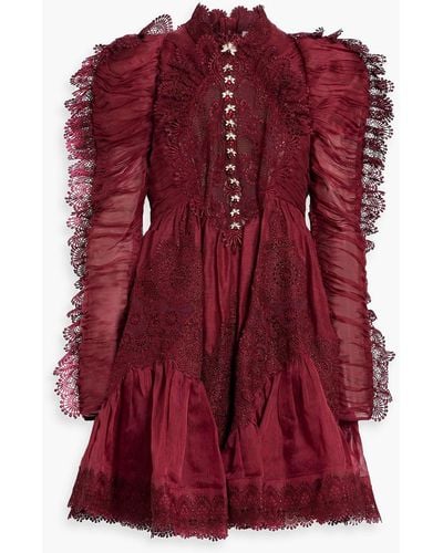 Zimmermann Guipure Lace-trimmed Linen And Silk-blend Mini Dress - Red
