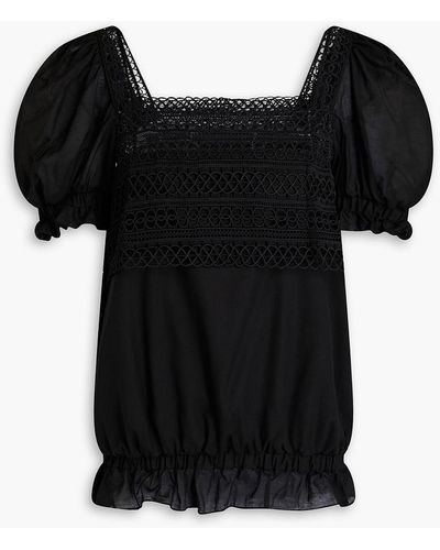 Charo Ruiz Gathered Crocheted Lace-trimmed Top - Black