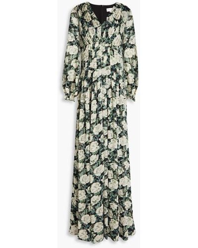 Mikael Aghal Pleated Floral-print Crepon Maxi Dress - Green