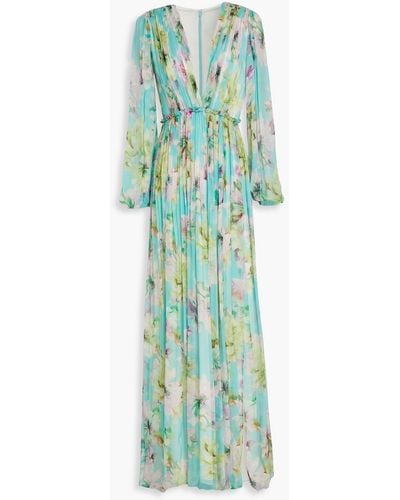 Costarellos Gianna Floral-print Pleated Crepon Gown - Green