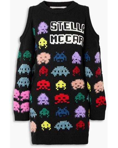 Stella McCartney Game On Cold-shoulder Intarsia-knit Mini Dress - Black
