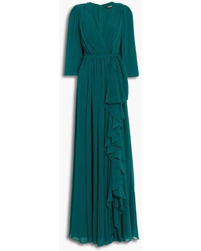 Badgley Mischka Wrap-effect Pleated Ruffled Georgette Gown - Green