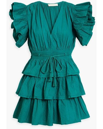 Ulla Johnson Camilla Tiered Pintucked Cotton-poplin Mini Dress - Green