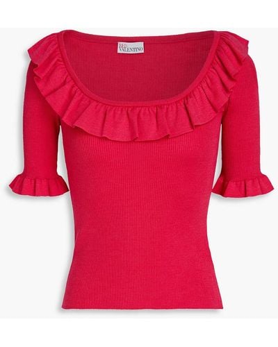 RED Valentino Ruffled Ribbed Wool, Silk And Cashmere-blend Top - Red