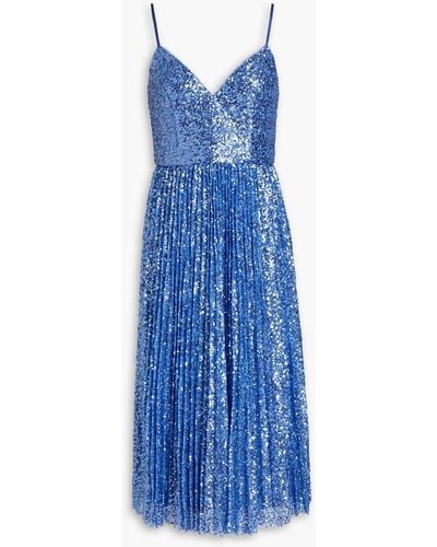 Aidan Mattox Pleated Sequined Tulle Midi Dress - Blue