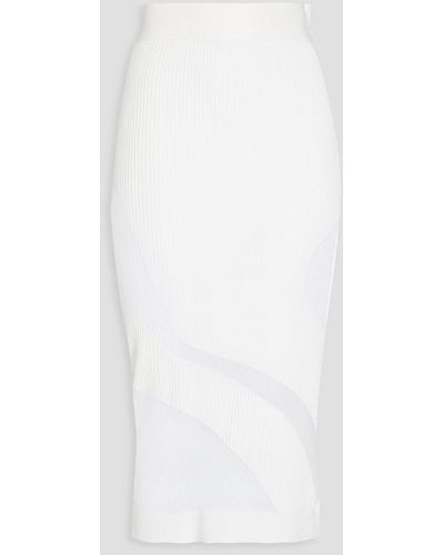 Hervé Léger Tulle-trimmed Ribbed-knit Midi Pencil Skirt - White