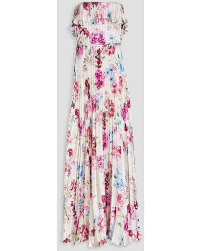 ML Monique Lhuillier Strapless Pleated Floral-print Hammered-satin Maxi Dress - White