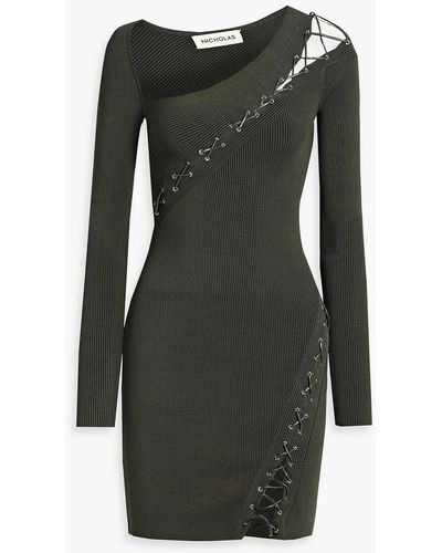 Nicholas Channing Lace-up Ribbed-knit Mini Dress - Gray
