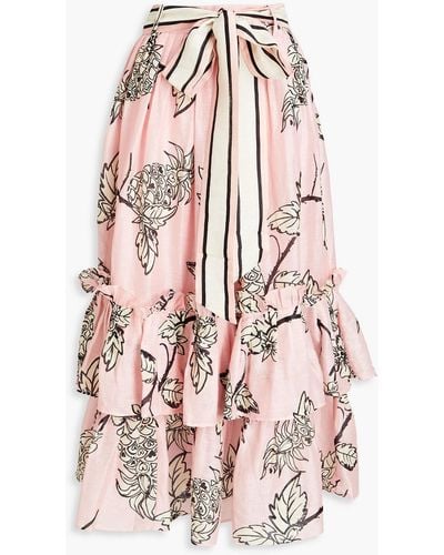 LEO LIN Tiered Slub Linen And Silk-blend Maxi Skirt - Pink