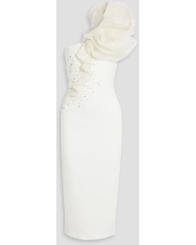 Badgley Mischka One-shoulder Organza-trimmed Crepe Midi Dress - White
