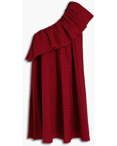RED Valentino One-shoulder Gingham Cotton-blend Poplin Mini Dress - Red
