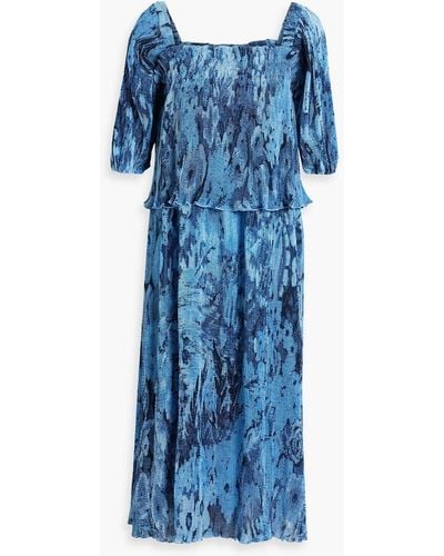 Ganni Shirred Printed Plissé-chiffon Midi Dress - Blue