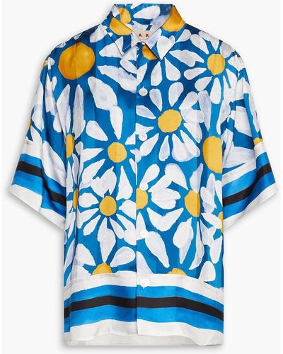 Marni Oversized Floral-print Satin Shirt - Blue