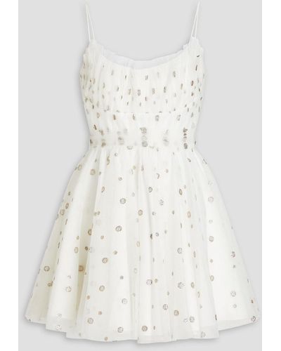 ML Monique Lhuillier Gathered Glittered Polka-dot Tulle Mini Dress - White