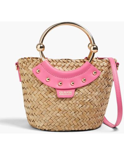 Claudie Pierlot Abeille Studded Leather And Straw Bucket Bag - Pink