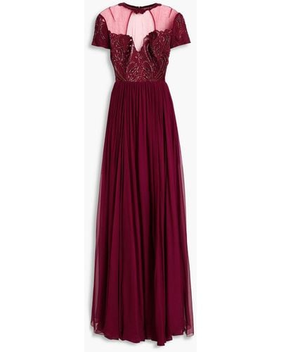 Zuhair Murad Embellished Tulle-paneled Silk-blend Chiffon And Crepe De Chine Gown - Red