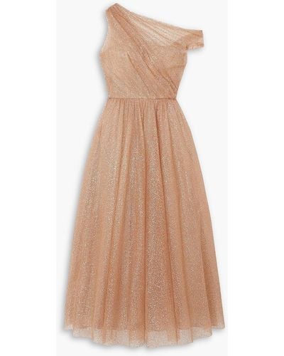 Monique Lhuillier One-shoulder Glittered Tulle Gown - Natural