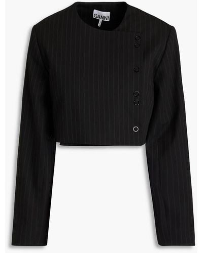Ganni Cropped Double-breasted Pinstriped Twill Jacket - Black