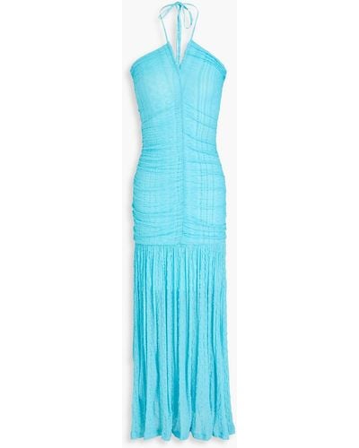 Ganni Ruched Textured-knit Halterneck Maxi Dress - Blue