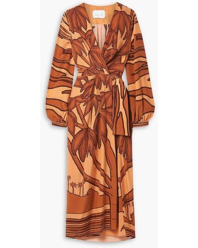 Johanna Ortiz Sociedades Antiguas Printed Silk Crepe De Chine Midi Wrap Dress - Orange