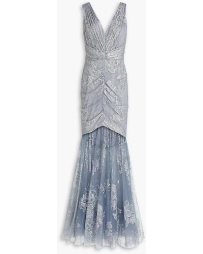Marchesa Ruched Glittered Tulle Gown - Blue
