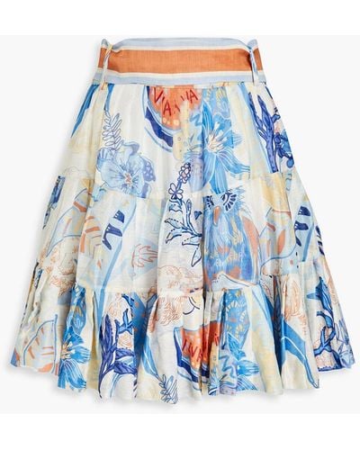 LEO LIN Gathered Printed Linen And Silk-blend Mini Skirt - Blue
