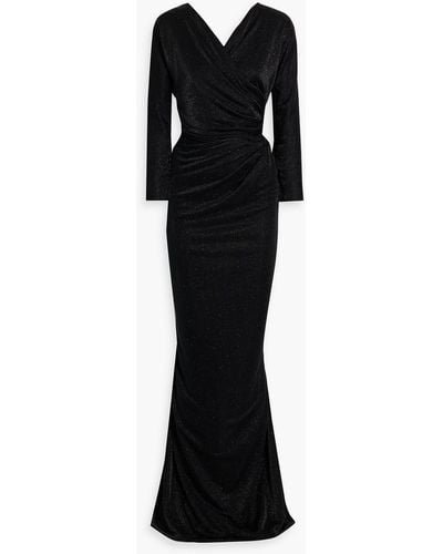 Rhea Costa Wrap-effect Glittered Jersey Gown - Black