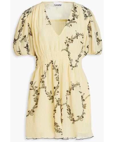 Ganni Floral-print Plissé-georgette Mini Dress - Natural