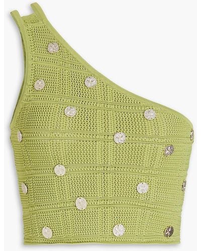 Sandro Maxou One-shoulder Cropped Embellished Crochet Top - Green