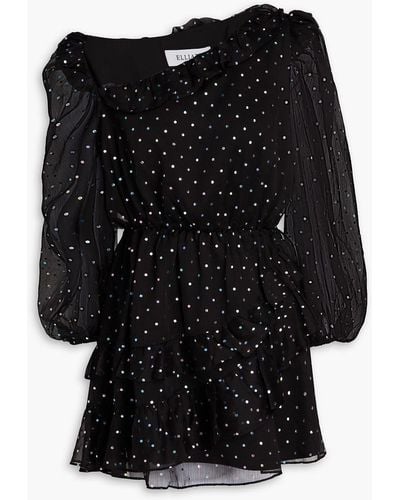 Elliatt Antonella Asymmetric Metallic Polka-dot Crepon Mini Dress - Black