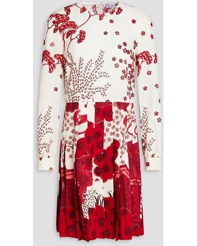 RED Valentino Pleated Printed Crepe De Chine Dress - Red