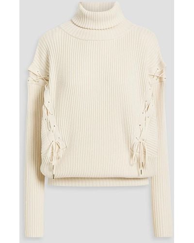 Palmer//Harding Possibility Lace-up Ribbed Wool And Cotton-blend Turtleneck Jumper - Natural