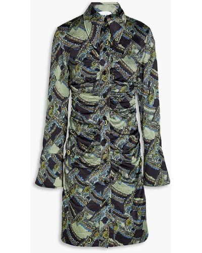 Ganni Bedrucktes hemdkleid aus cloqué in minilänge mit raffungen - Grün