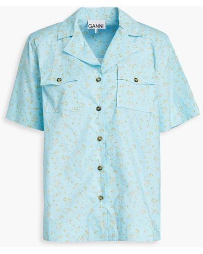 Ganni Floral-print Organic Cotton-poplin Shirt - Blue