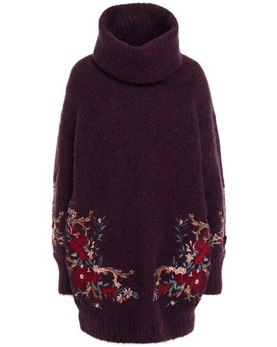 Camilla Embroidered Brushed Knitted Turtleneck Sweater - Purple