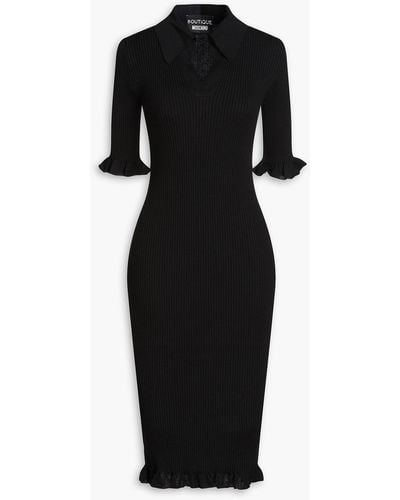 Boutique Moschino Ruffled Ribbed Wool Midi Dress - Black