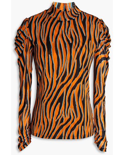 Diane von Furstenberg Remy Gathered Zebra-print Mesh Turtleneck Top - Brown