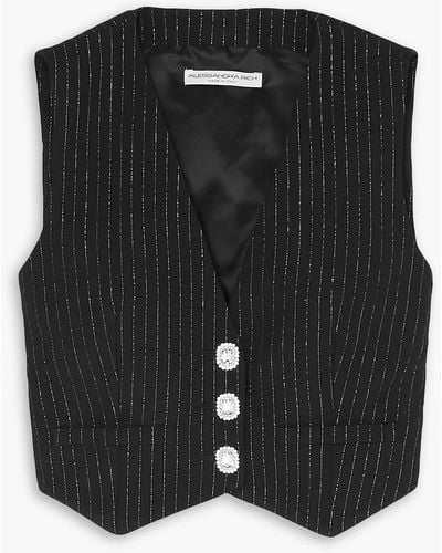 Alessandra Rich Cropped Crystal-embellished Pinstriped Metallic Wool-blend Twill Vest - Black