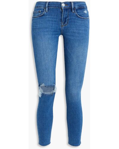 FRAME Le Skinny De Jeanne Cropped Distressed Mid-rise Skinny Jeans - Blue