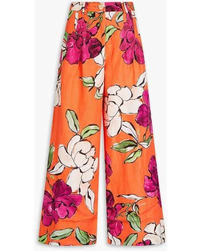 Aje. Dazzling Floral-print Linen-blend Wide-leg Pants - Red