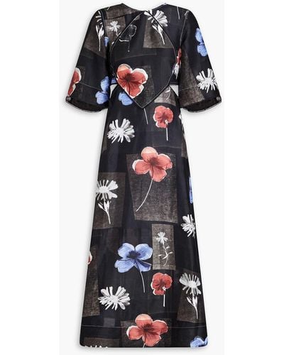 Ganni Floral Linen And Silk Maxi Dress - Black