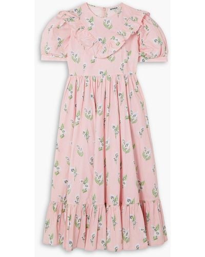 BATSHEVA May Ruffled Floral-print Cotton-poplin Midi Dress - Pink